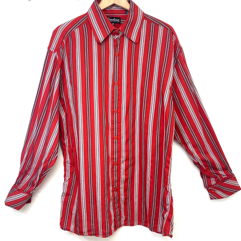 Knockout Red Striped Long Sleeve Button Up Shirt Men XL 100% Cotton Western